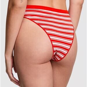 Victoria's Secret Panty Size M Thong / String Red Festive Stripe Print Brazilian